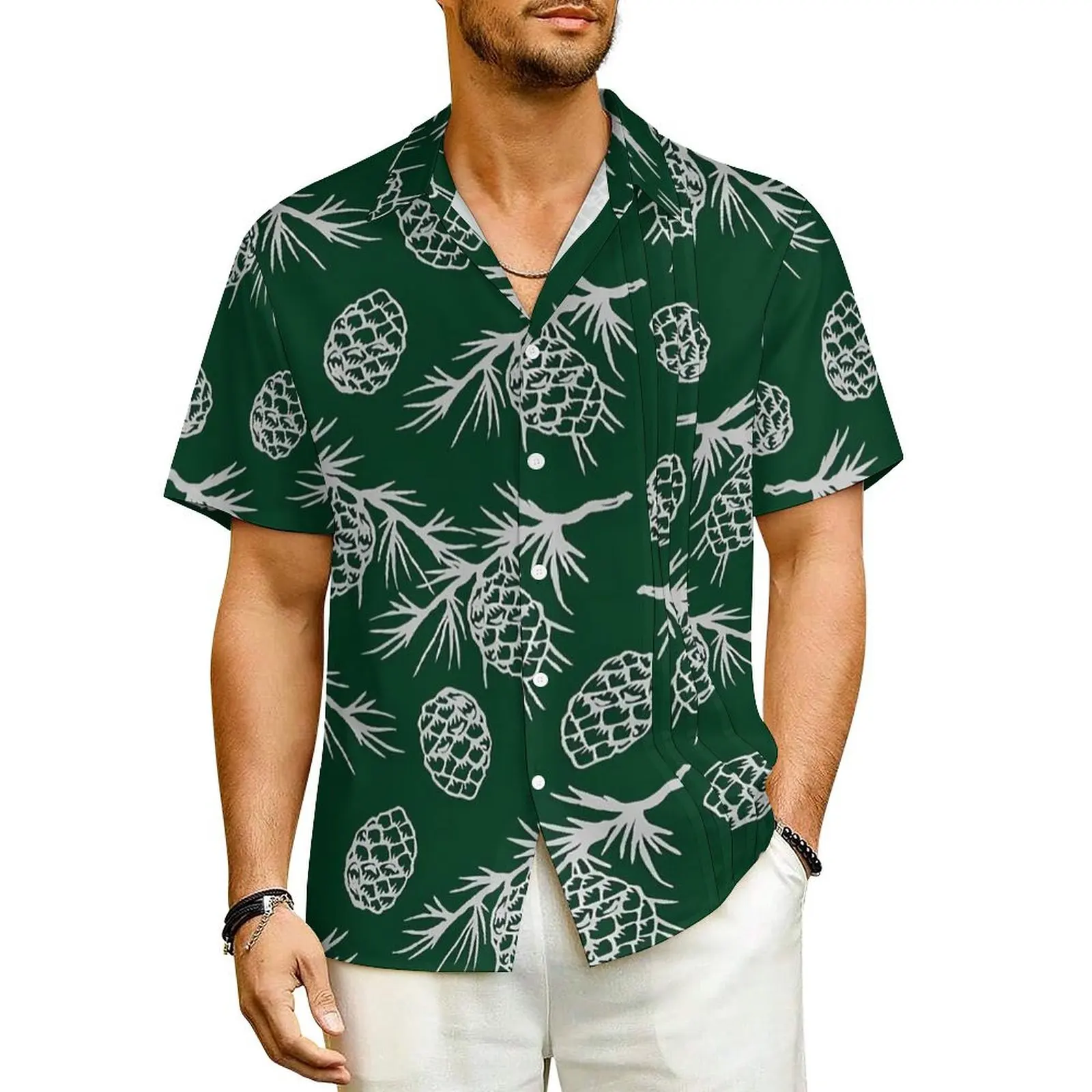 

Hawaii Shirt Vacation Grey Pine Cones Blouses Plant Print Elegant Casual Shirts Man Short Sleeve Breathable Plus Size 4XL Tops