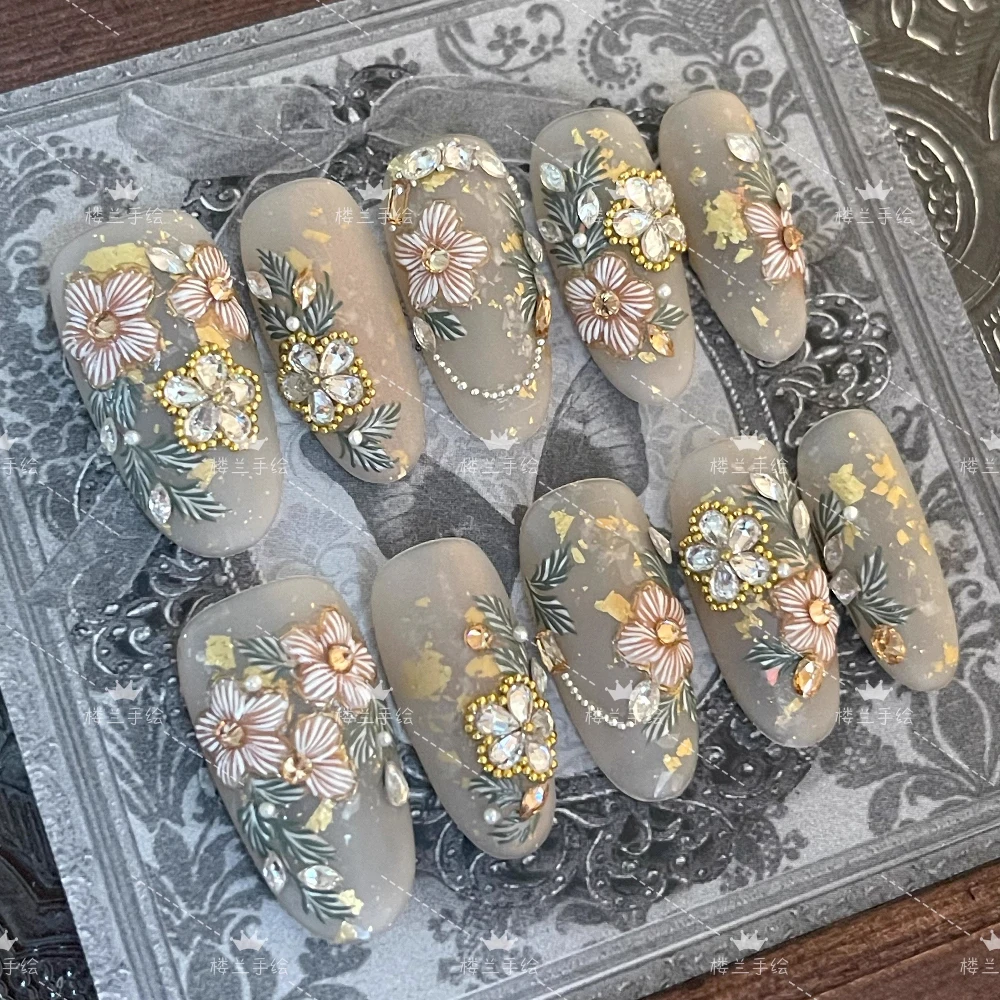 جودة عالية خمر المحكمة اليدوية طويلة القطع الناقص اضغط على مسمار رسمت باليد الزهور فراشة القط العين اللؤلؤ حجر الراين الأظافر وهمية #4