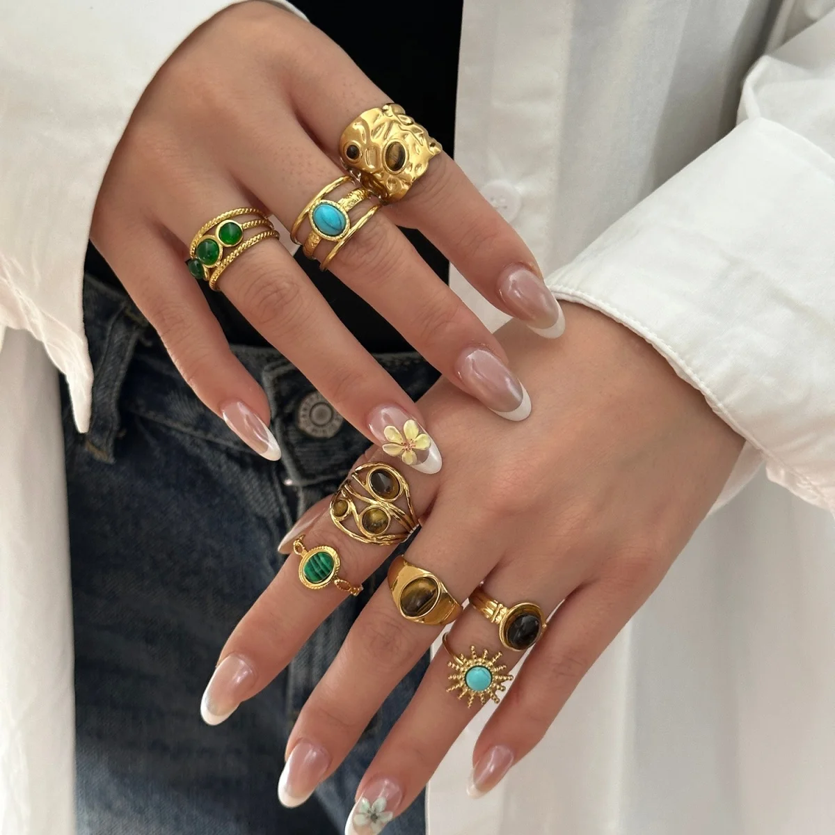 Retro Irregular Lava Wrapped Tiger Eye Stone Rings For Women Men Stainless Steel Geometric Texture Finger Ring Aesthetic Jewelry