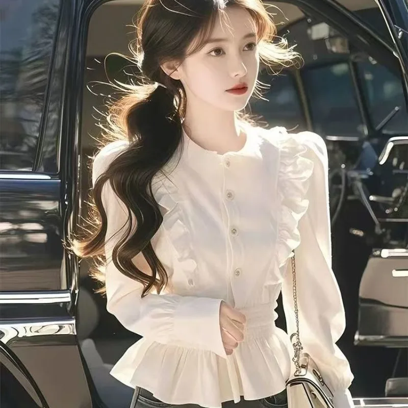 

New Temperament O Neck Slim Waist French Blouse Harajuku Elegant Female Office Lady Commuter Clothes Y2k Pleated Jacquard Tops