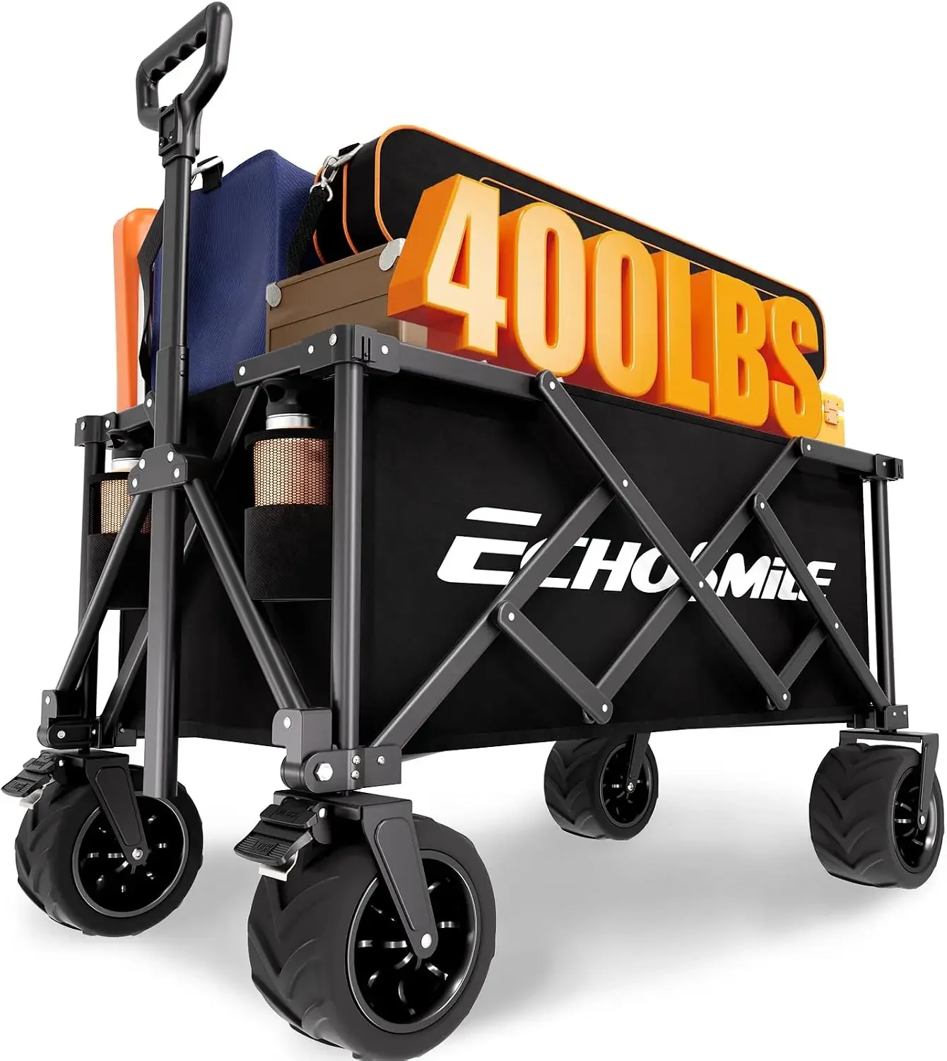 Wagons Carts Foldable Heavy Duty with 400Lbs Wt, 200L Cap, Black | All-Terrain Big Wheels·Reinforced Bottom