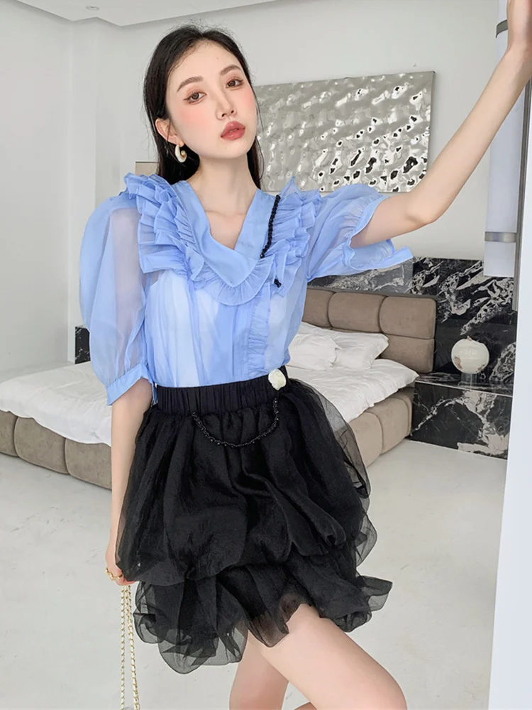 

Blue Short Puff Sleeve Blouse For Women V Neck Ruffles Transparent Blouses 2022 Summer New Female Fashion Top G289