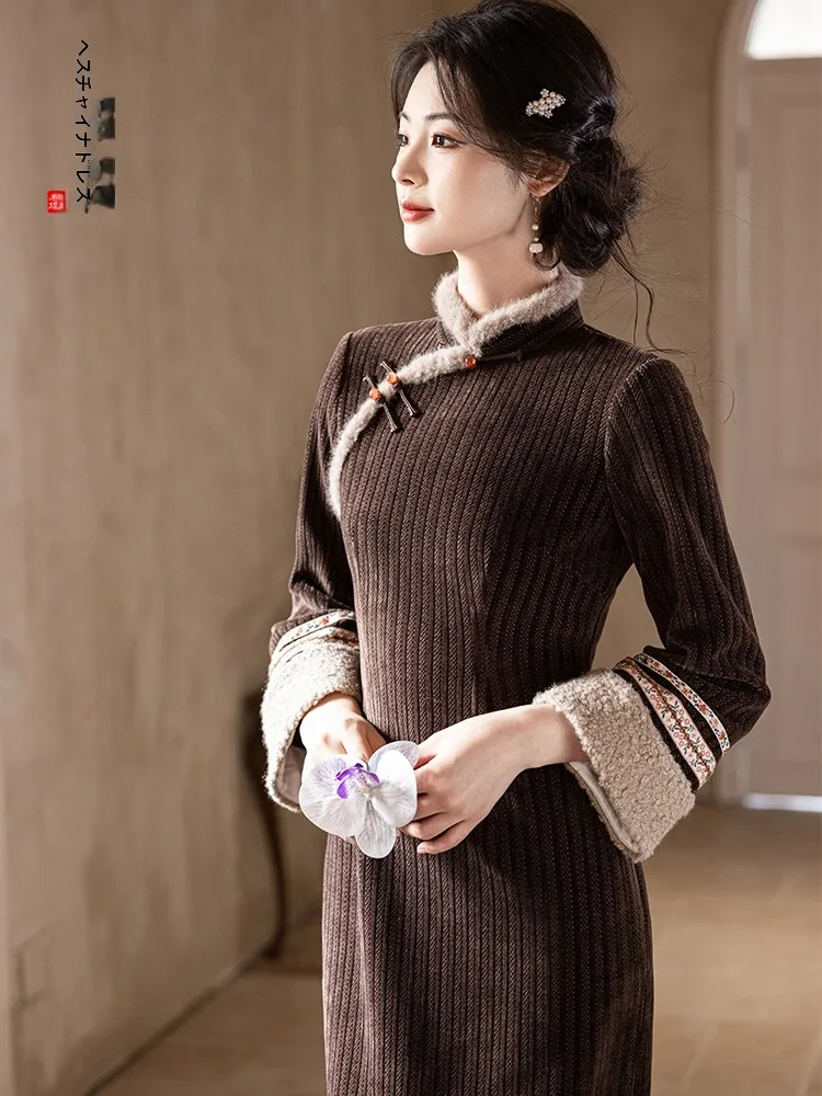 new-chinese-sle-thiened-long-sve-fce-lined-autumn-winter-dr-coffee-color-daily-elegance-warmth-dr