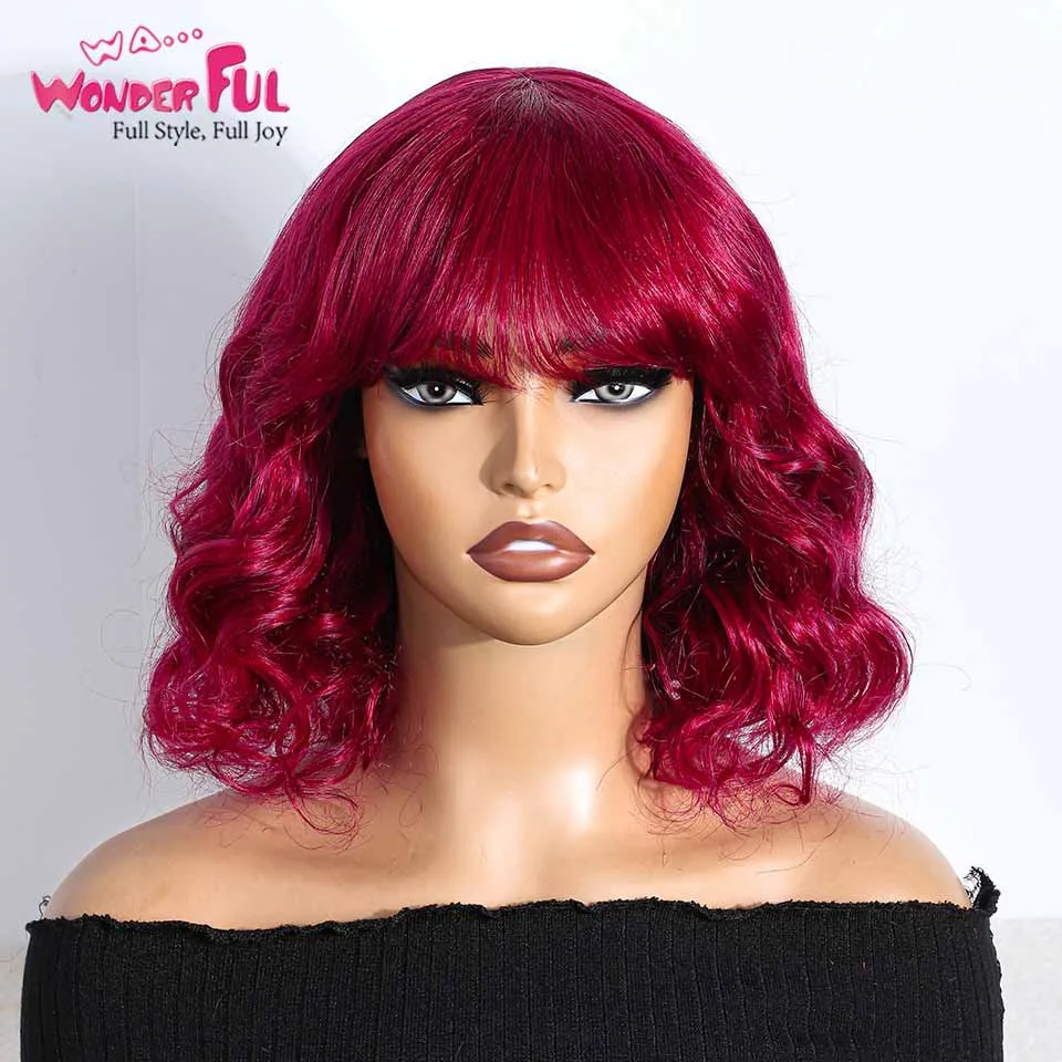 

Wonderful Brazilian Remy Hair Red Body Wave Bob Wigs With Bangs Nature Bob Wigs Blond Highlight Hair Wigs For Black Women