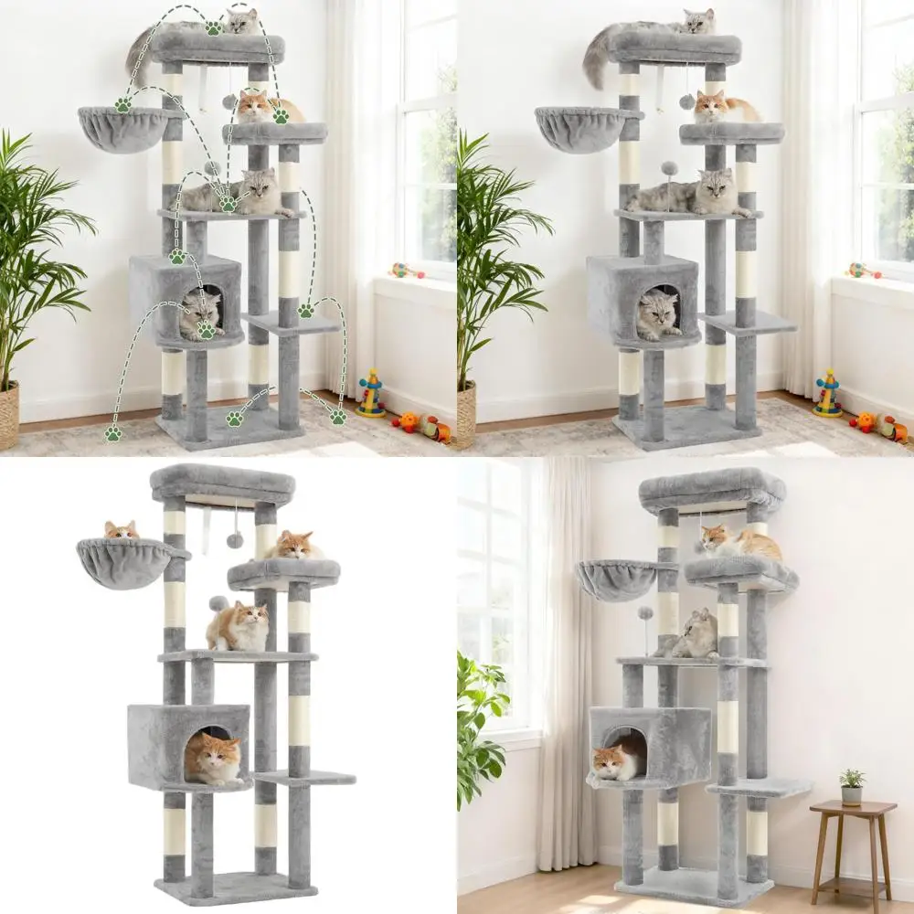 

55.1 Крытая башня для кошек с 7 сизалевыми стойками, многоуровневая игровая платформа, пушистый мяч, кошачья пещера, 2 мягкими жердочками, корзина — светло-серый