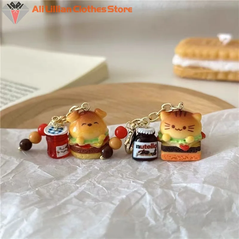 Kawaii Cartoon Hamburger Cats Dogs Keychain Pendant Cute Car Keyring Charms Backpack Decoration Accessories Birthday Gifts