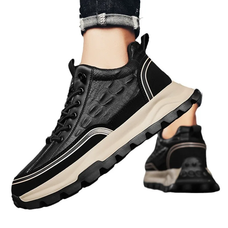Men's Soft Leather Shoes Thick Sole Male Adult Drawstring Lace-up Gym Sneakers Men Retro Casual British Style Non Slip Footwear image 4