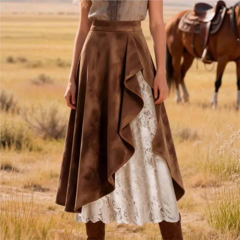 Simple Commuting Skirt Women's Retro Western Style Suede Lace Stitching Skirt Temperament Slim Irregular Versatile Casual Skirt