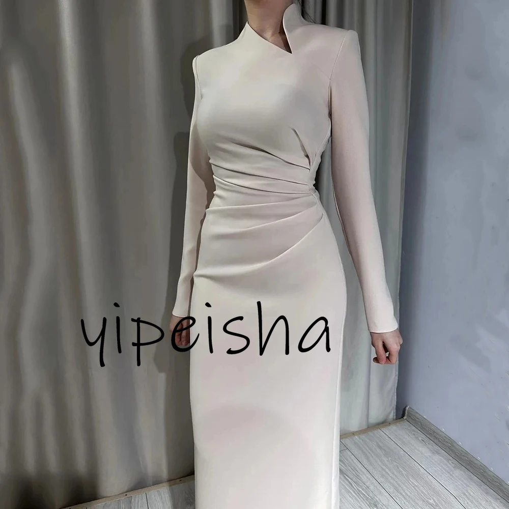 Customized Fashion Elegant High Neck Jersey Evening Dresses Straight Long Sleeves Ruched Ankle Length Formal Party Dresses