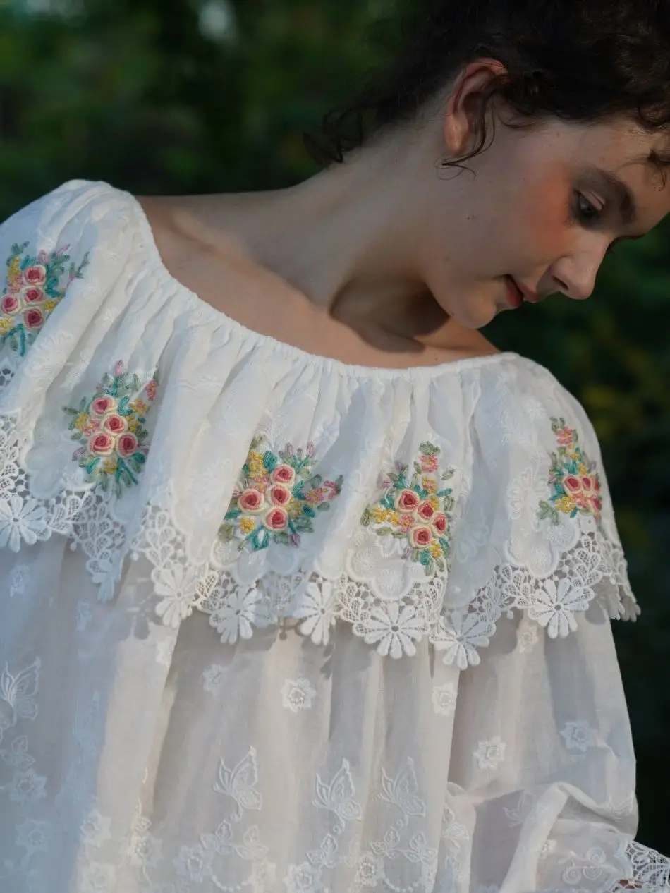 120cm Bust Spring Autumn Oversized Shirts Tops Women Elegant Handmade Embroidered Cutout Boat Neck Luxurious All-Over Embroidery