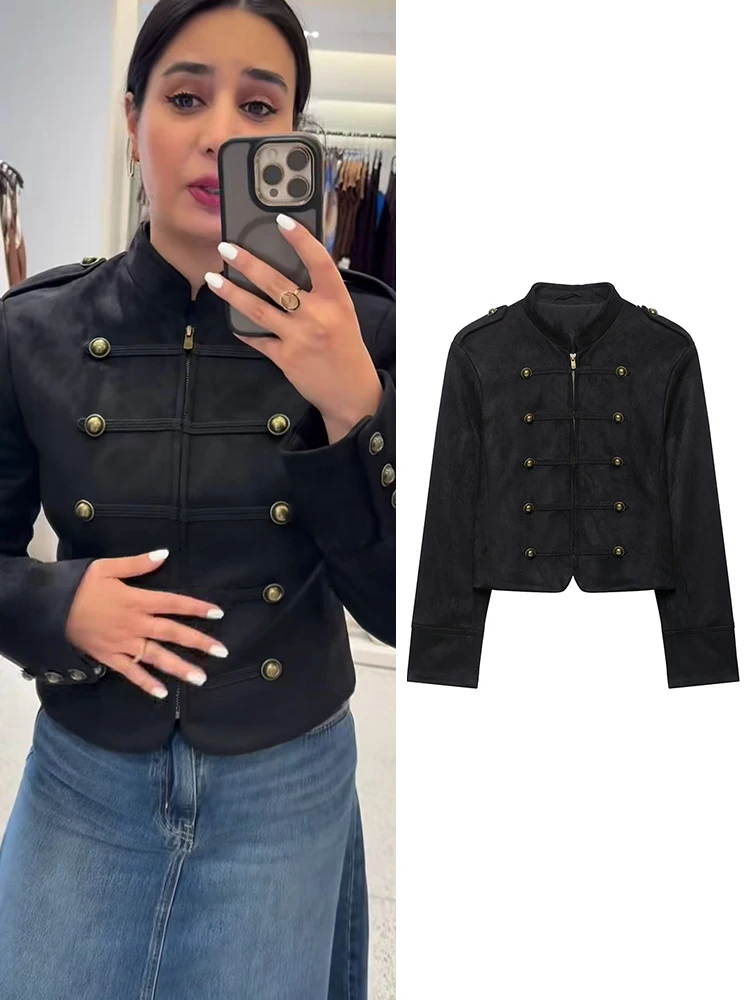TFMLN Vintage Suede Cropped Jacket For Women Solid Stand Collar Button Decoration Slim Coats Fashion Ladies Outerwear New