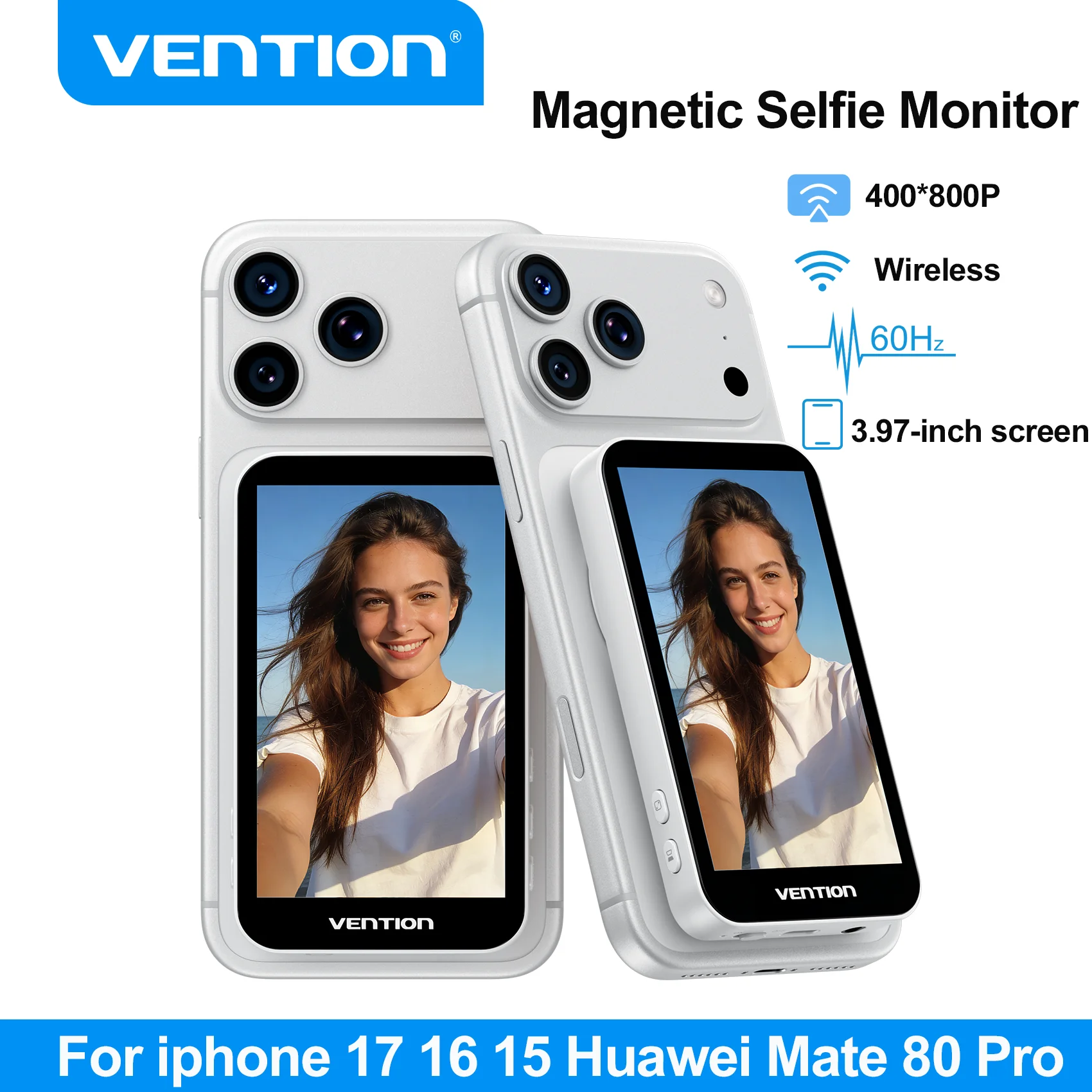 Vention Magnetic Phone Selfie Monitor Screen Wireless Screen Mirroring Vlog Selfie Monitor for iPhone 17 16 15 Huawei Nova 13 14