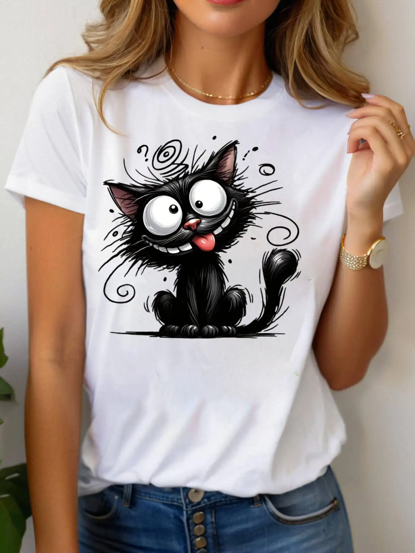 Cute Cartoon Cat Print Women's T Shirt Casual Round Neck Short Sleeve Lightweight Comfortable For Wear tops tee female tshirt