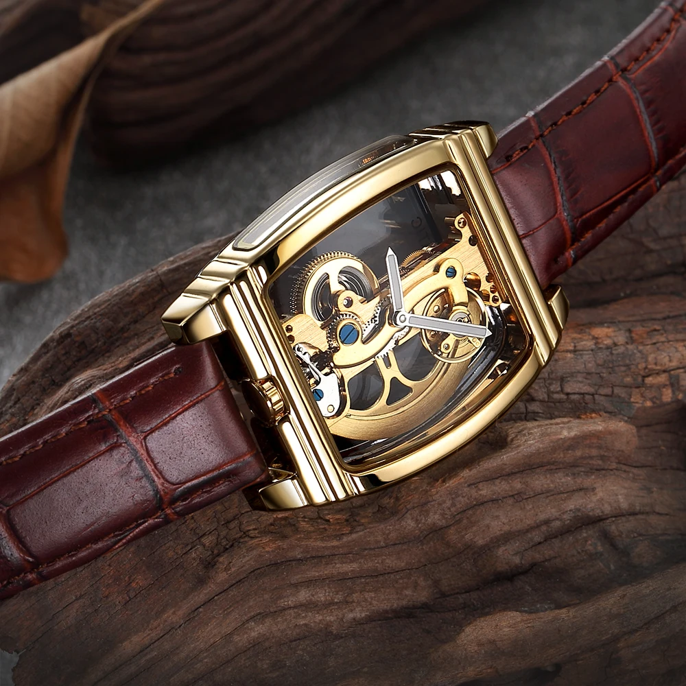 SHENHUA Royal Luxury Transparent Automatic Mechanical Watch Leather Band Skeleton Luminous Waterproof Clock