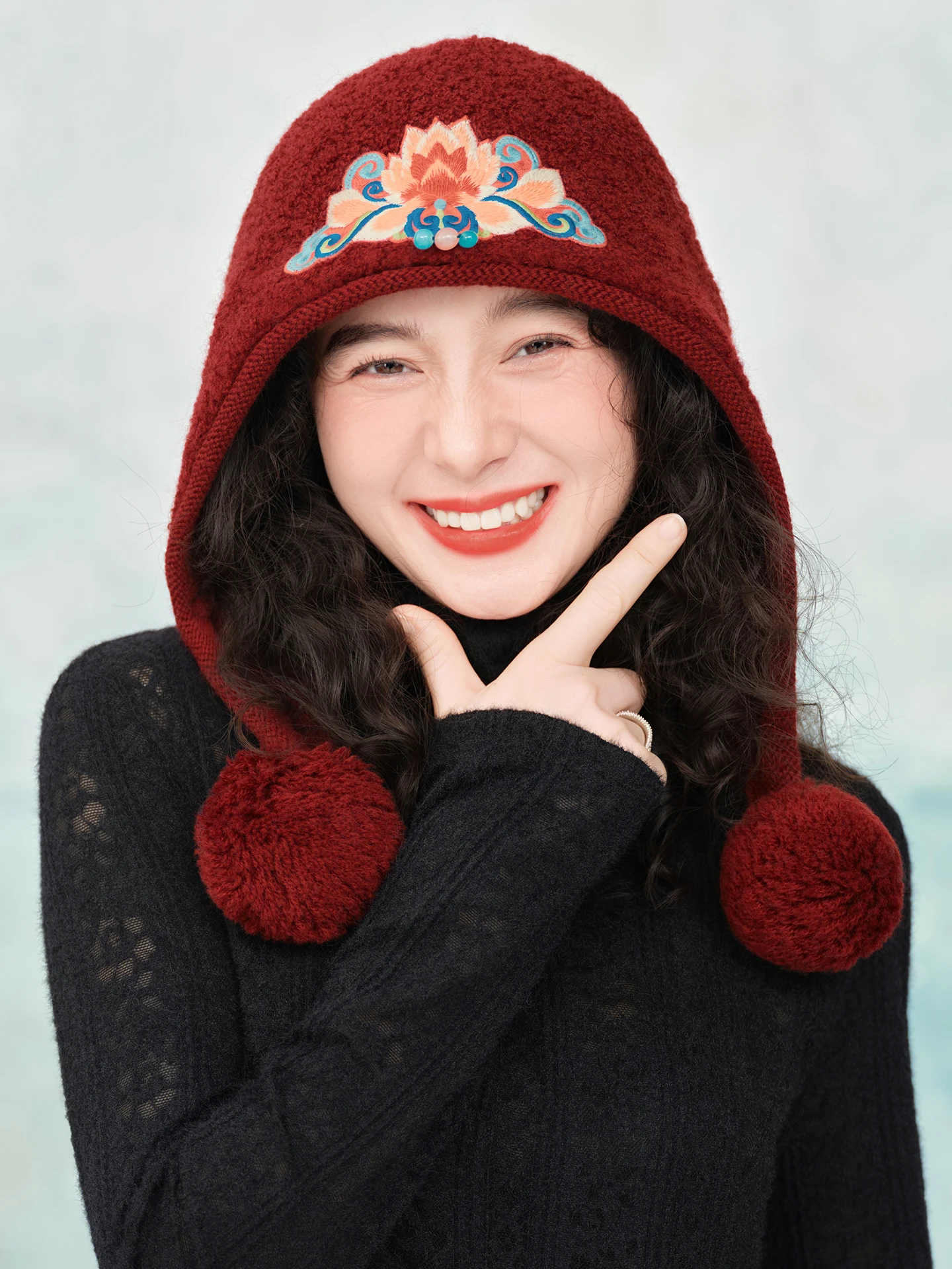 original-su-luo-winter-knitted-hat-fem-face-slimming-ear-protection-faux-fur-ball-embroidery-retro-sle-one-size-fits-all