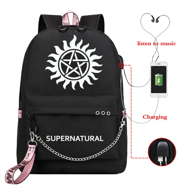 

Supernatural SPN Wing Printed Backpack With USB Headphone Port School Bags for Boys Girls Students Travel Laptop Bagpack Mochila