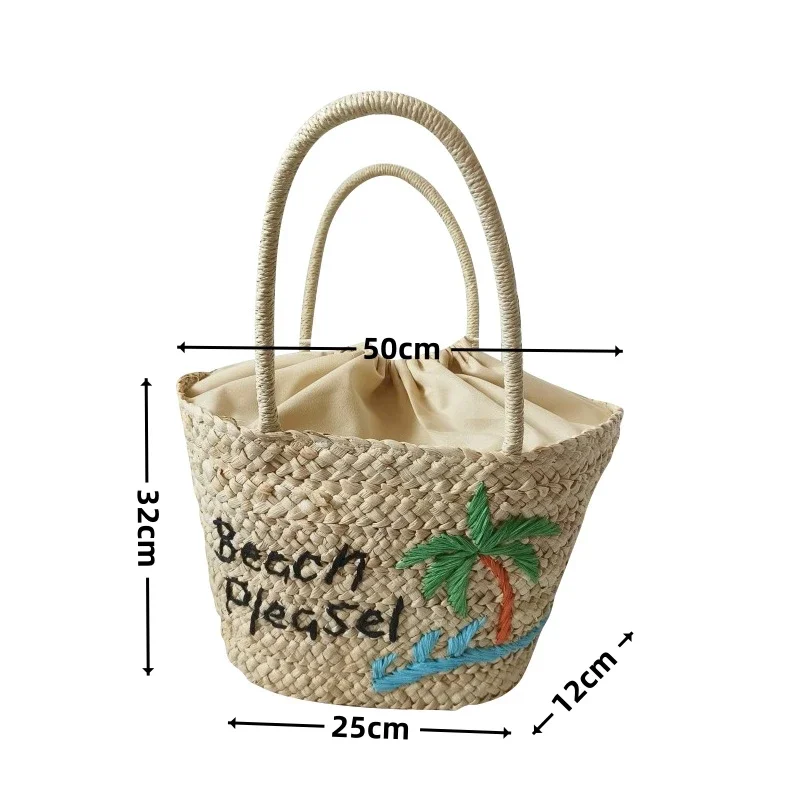 Fashion Coconut Tree Embroidered Bird Pattern Straw Bag Hand-woven Corn Husks Large Capacity Tote Bag Summer Travel Beach Bag