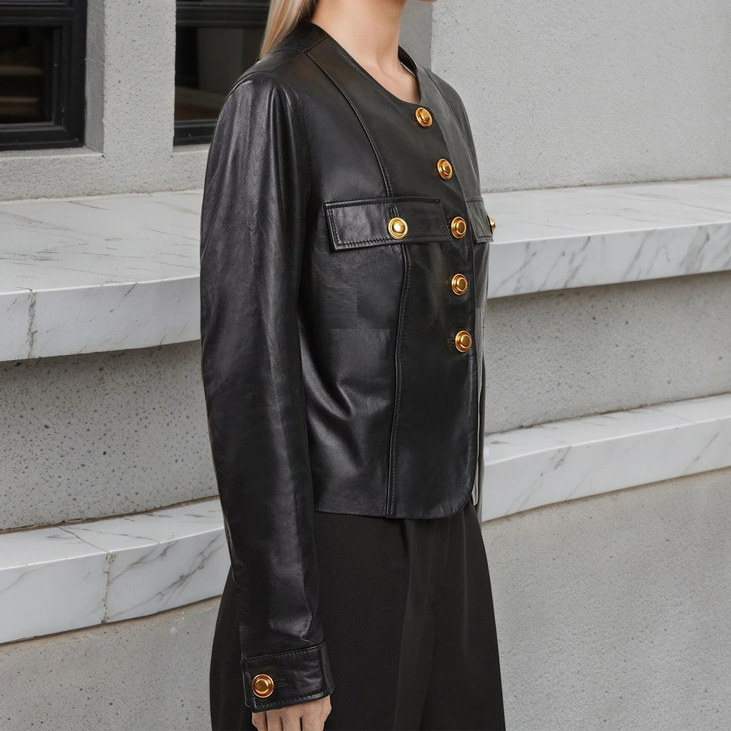 Chaqueta de cuero PU para mujer, estilo corto negro, moda europea americana, cuello redondo, diseño de hebilla de Metal dorado, nuevo abrigo de manga larga