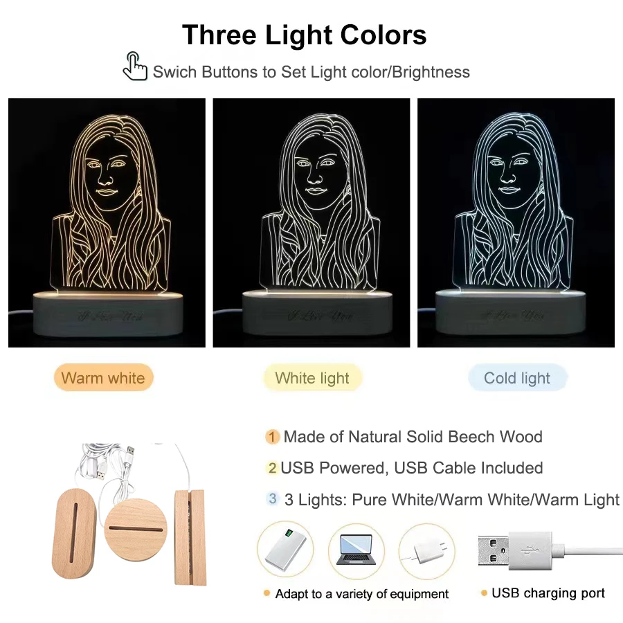 Dimmable 3 Colors Oval USB Led Light Base Warm White Cold Light for Acrylic Glass Night Lamps