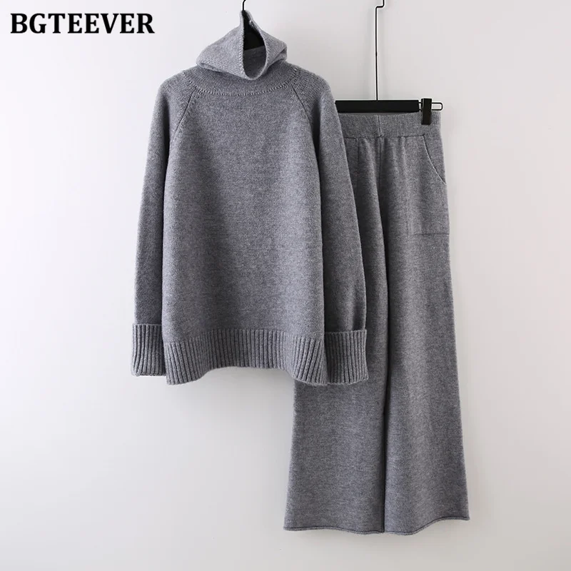 BGTEEVER Stylish Female 2 Pieces Sweater Set Long Sleeve Knitted Turtleneck Pullovers Women Wide Leg Trousers Autumn Winter