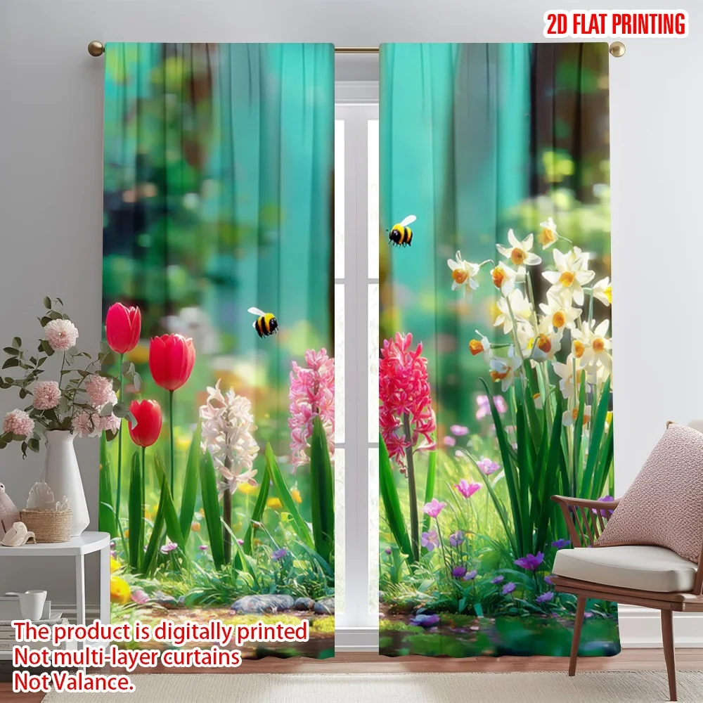 Natural Meadow Blackout Curtain Tulip Narcissus Bee Print Drape For Farmhouse Studio Warm Fresh Pastoral Home Window Decor