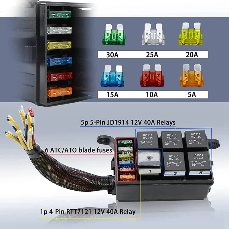 AU05 -12V Automotive Fuse And Relay Box, With Pre-Wires, Waterproof Fuse Relay Block, Universal Fuse Block And Relay Kit