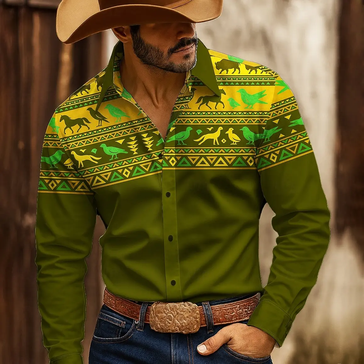 

Men's 3D Geometric Indian Pattern Long Sleeve Shirt,Polyester Slim Fit, Retro Style Casual Wear,2025 Autumn Winter Trendy Blouse
