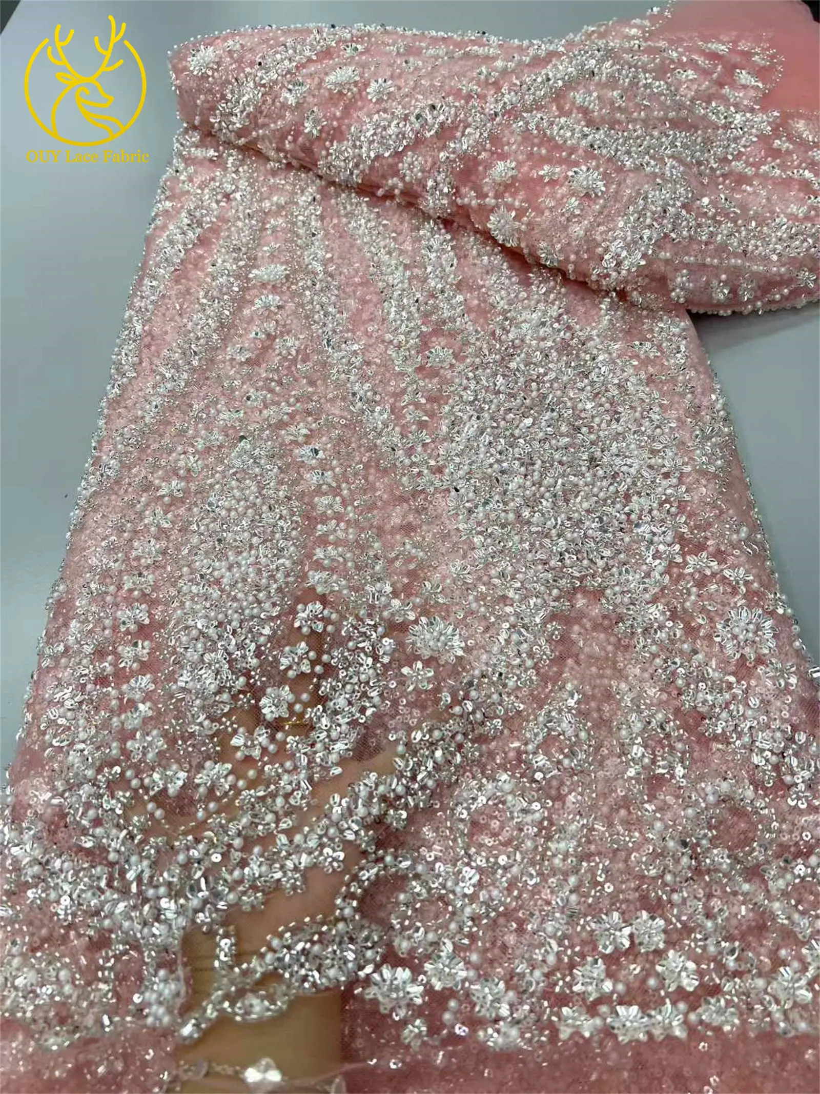 2025年 エレガント アフリカ ナイジェリア ファッション ビーズ レース ハイエンド 高級 フランス スパンコール メッシュ レース 生地 レディース イブニングドレス パーティー 5Y