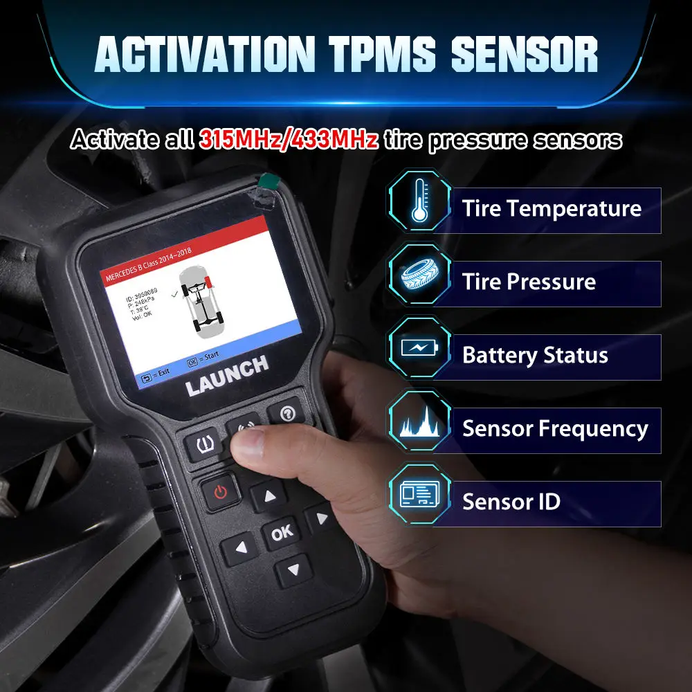 LAUNCH CRT5011E Tire Pressure Diagnostic Tool OBDII Scanner TPMS Activation Clear Tire DTCs 315MHz/433MHz RF-Sensor Optional