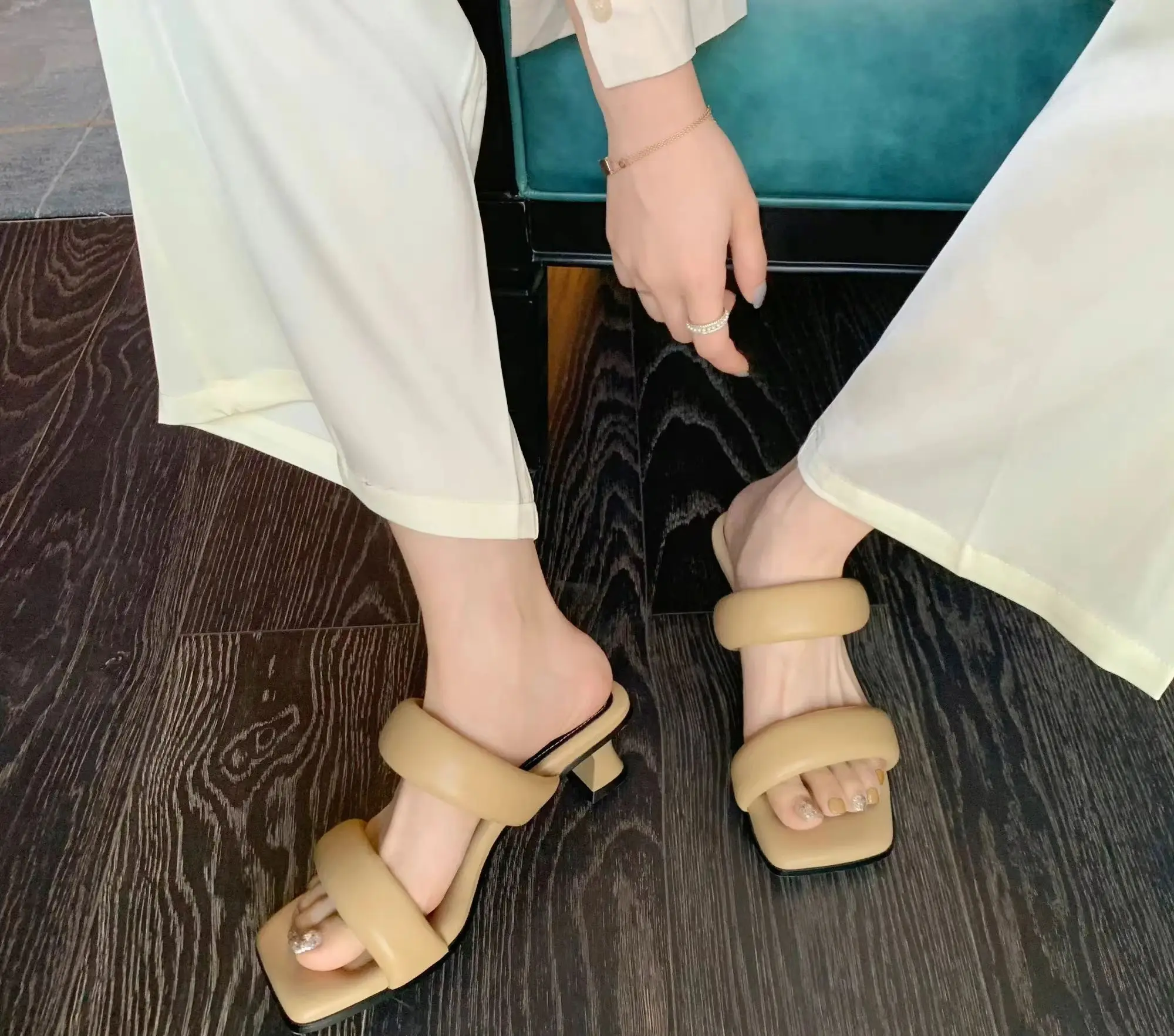 Beige Leather 2026 Summer Square Toe Two Padded Strap Block Heel Pumps Mules Elegant Daily Office Party Lady Sexy Casual Shoes