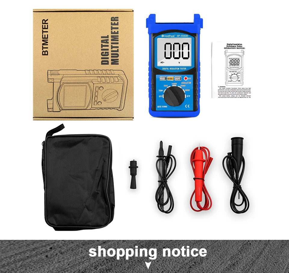 

Digital Insulation Tester 5000V 200GΩ Megohmmeter 100-5000V AC Voltage Backlight/Hold for Elec Motor Cable HP-6688B