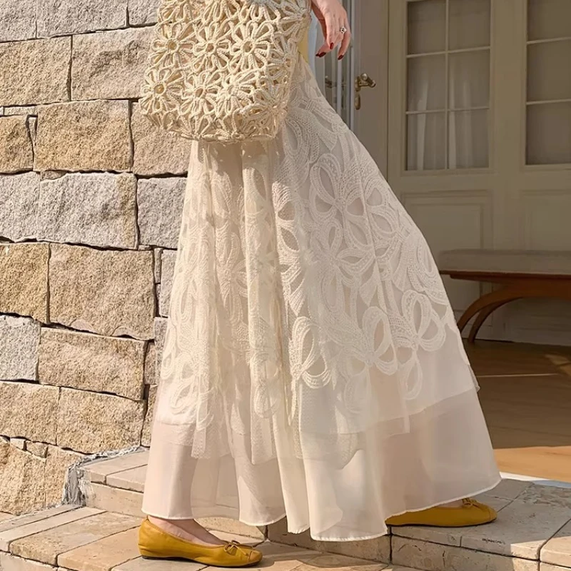 Spring Fall Women High Waisted Stretchy Black Beige Lace Patchwork Chiffon Skirt , Woman Embroidery Mesh Long Skirts