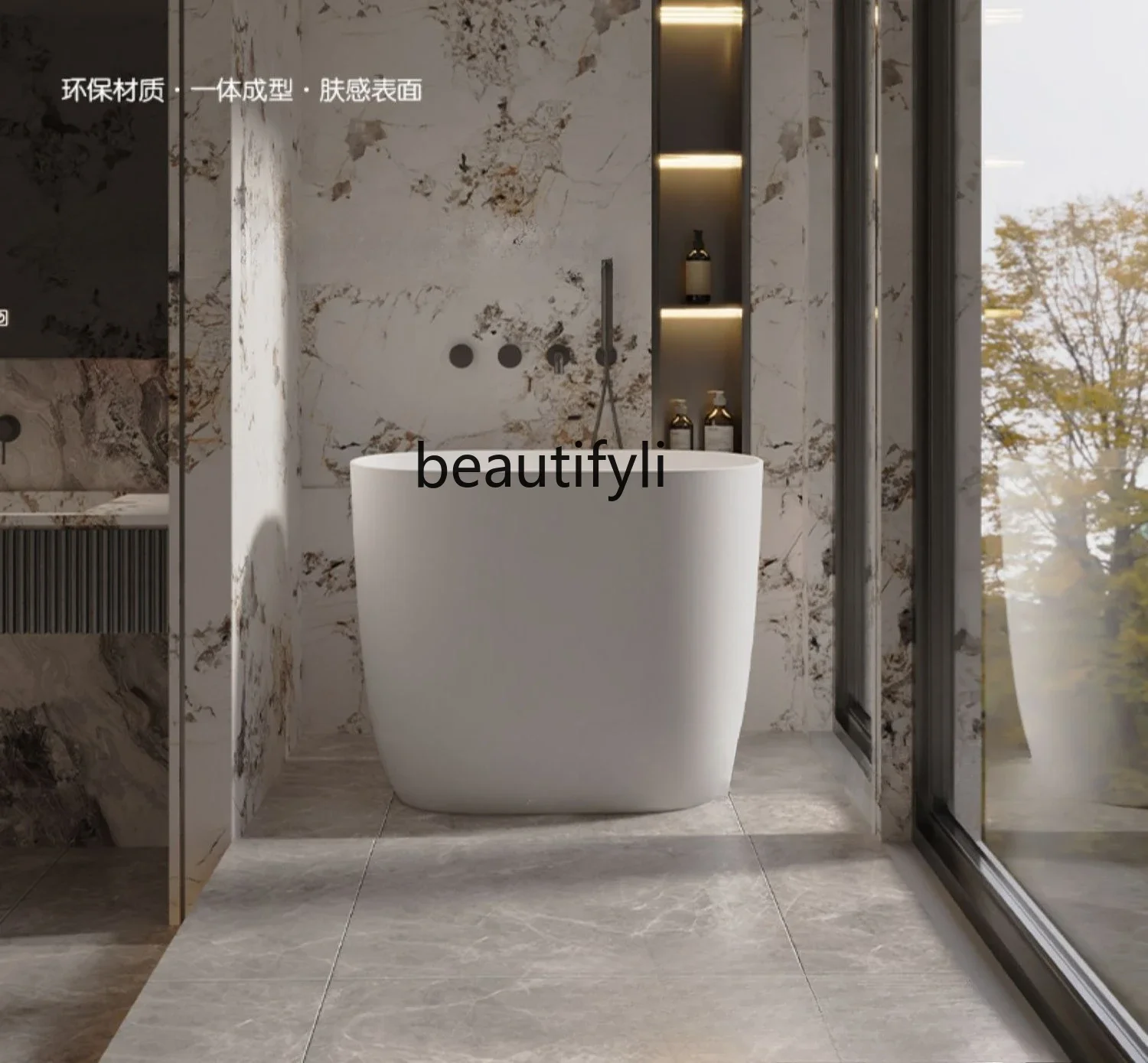 X فقاعة عميقة من الحجر الصناعي البوليمر، حوض استحمام بيضاوي للجلوس المنزلي