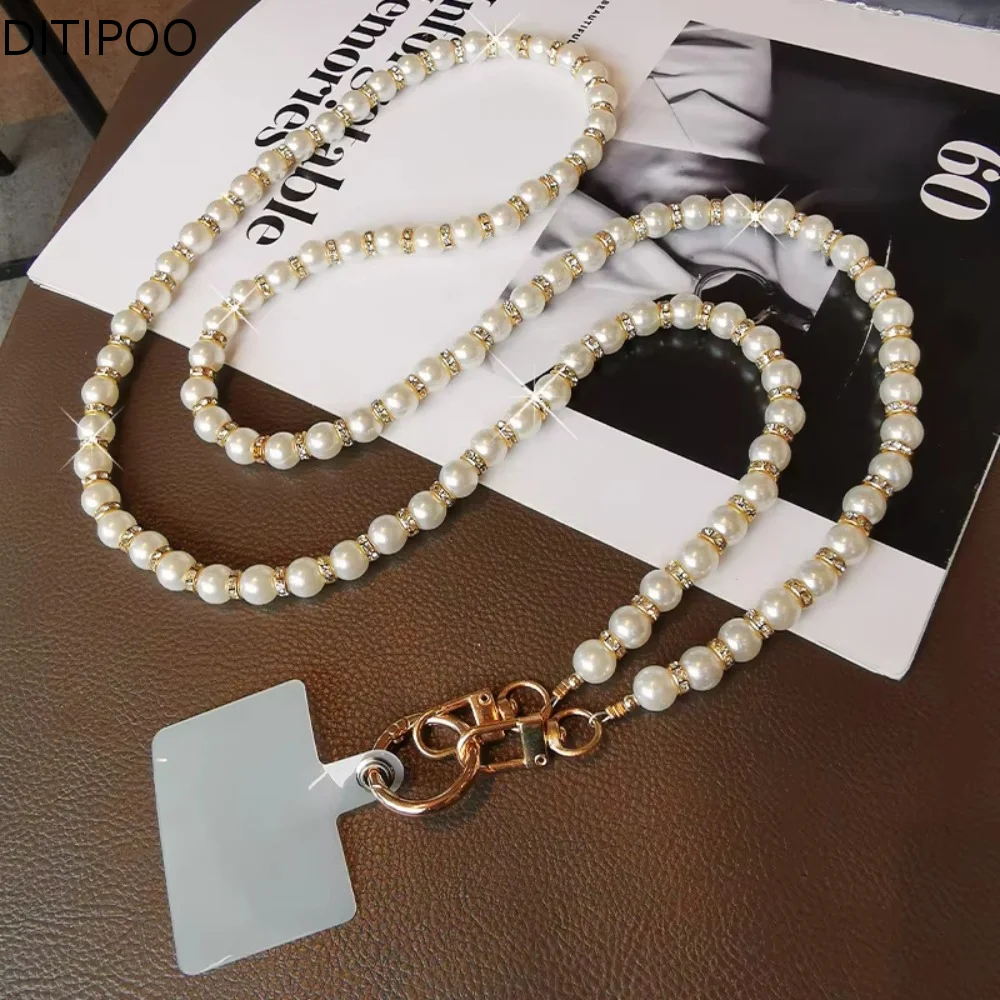 Single Shoulder Pearl Phone Lanyard Crossbody With Patch Bead Phone Chain Anti Drop Handmade Cellphone Straps Phone Charm