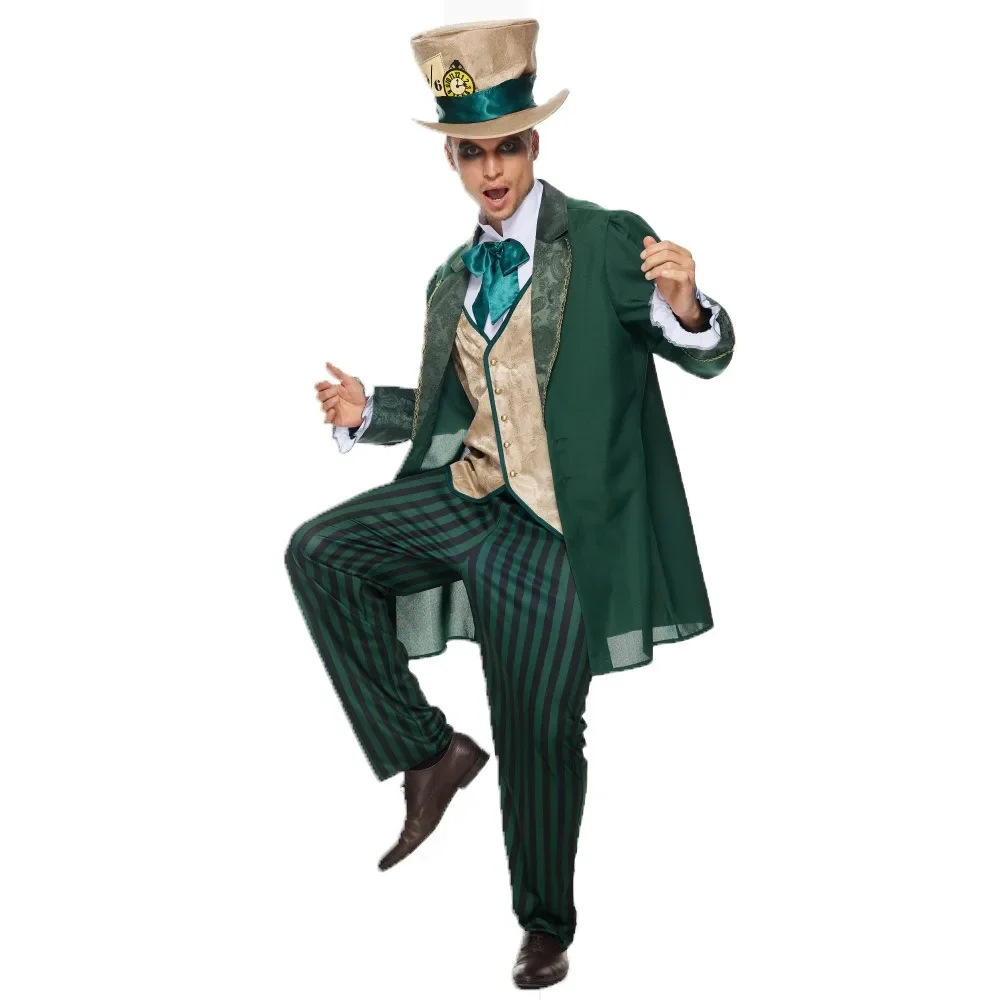 Green Mad Hatter Cosplay Costume  Magician Clown Set Stage Drama Alice Character Performance Costume