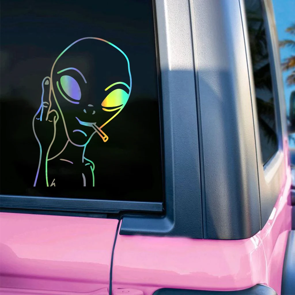 HungMieh Car Stickers Funny Alien Personality Ufo Decals Laser Vinyl Sticker Car 3D Car Styling Decoration 10.3X15cm