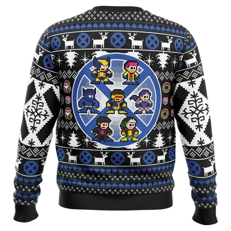 Christmas Ugly Sweater With Pixel Style Patterns Of Multiple X-Men Characters Snowflakes Reindeer Christmas Tree Fashion