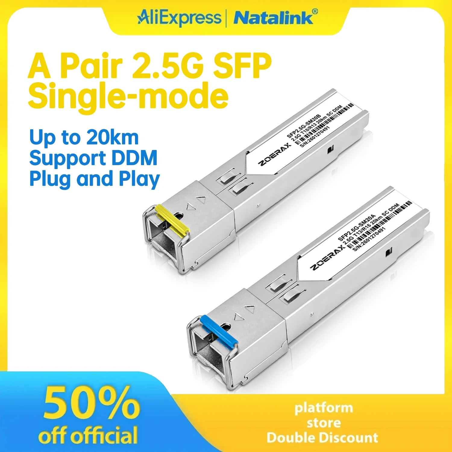 Natalink 2.5G SFP Transceiver Module SC Simplex Single-mode 20km Support DDM Compatible with Cisco Mikrotik Ubiquiti