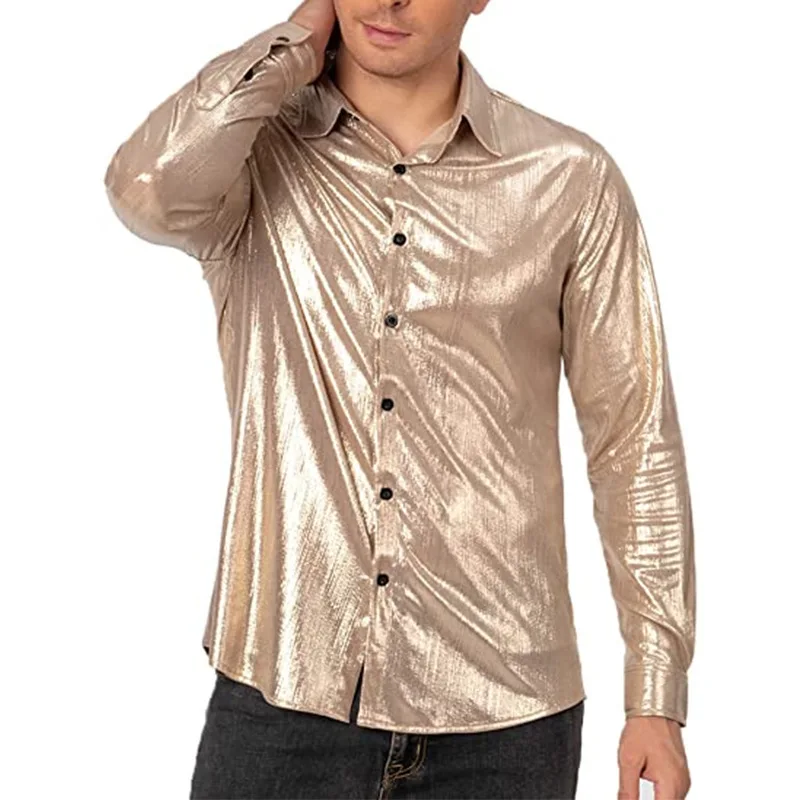 Casual Men's Shirt Sequin Button-Down Shirts Cosplay Costume Lapel-Collar Shiny T-Shirt Long-Sleeve Shirts for Men Streetwear