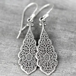 Delicate Grave Flower Geometry Earrings for Women Silver Color Metal Textured Drop Earrings Jewelry Gifts