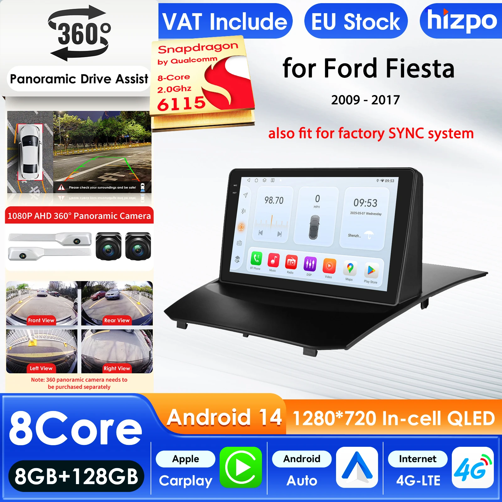 Hizpo 2Din Android 14 مشغل وسائط متعددة للسيارة Ford Fiesta 2009 - 2017 GPS Carplay 4G AI شاشة ذكية Autoradio WIFI RDS
