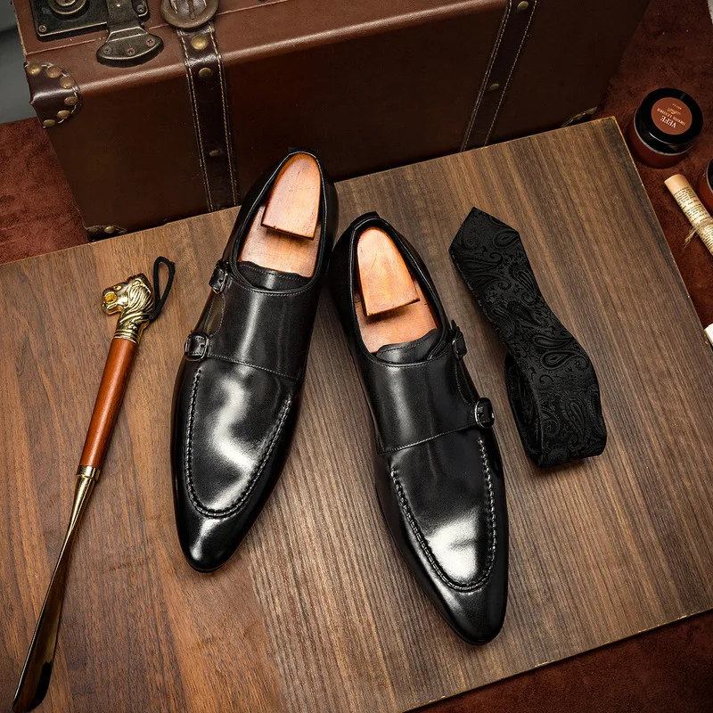 Pointed-toe side-buckle men's shoes, trendy business casual shoes, British-style monk shoes, simple single shoes, trendy, one-pi