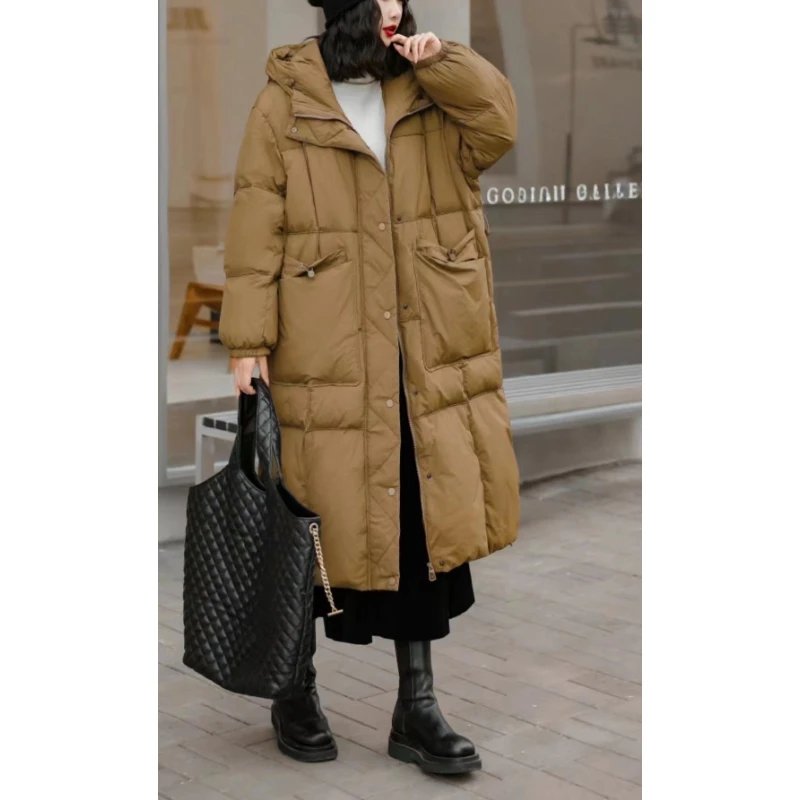 Medium Length Hooded Duck Down Jacket for Female, Thick Warm Coat, Loose, Double Pocket, 90 White, New, Winter