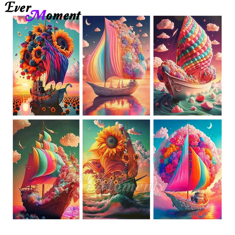 

Алмазная картина Ever Moment, парусник с цветами, сделай сам, квадратная круглая алмазная краска, 5D алмазное искусство ASF2949