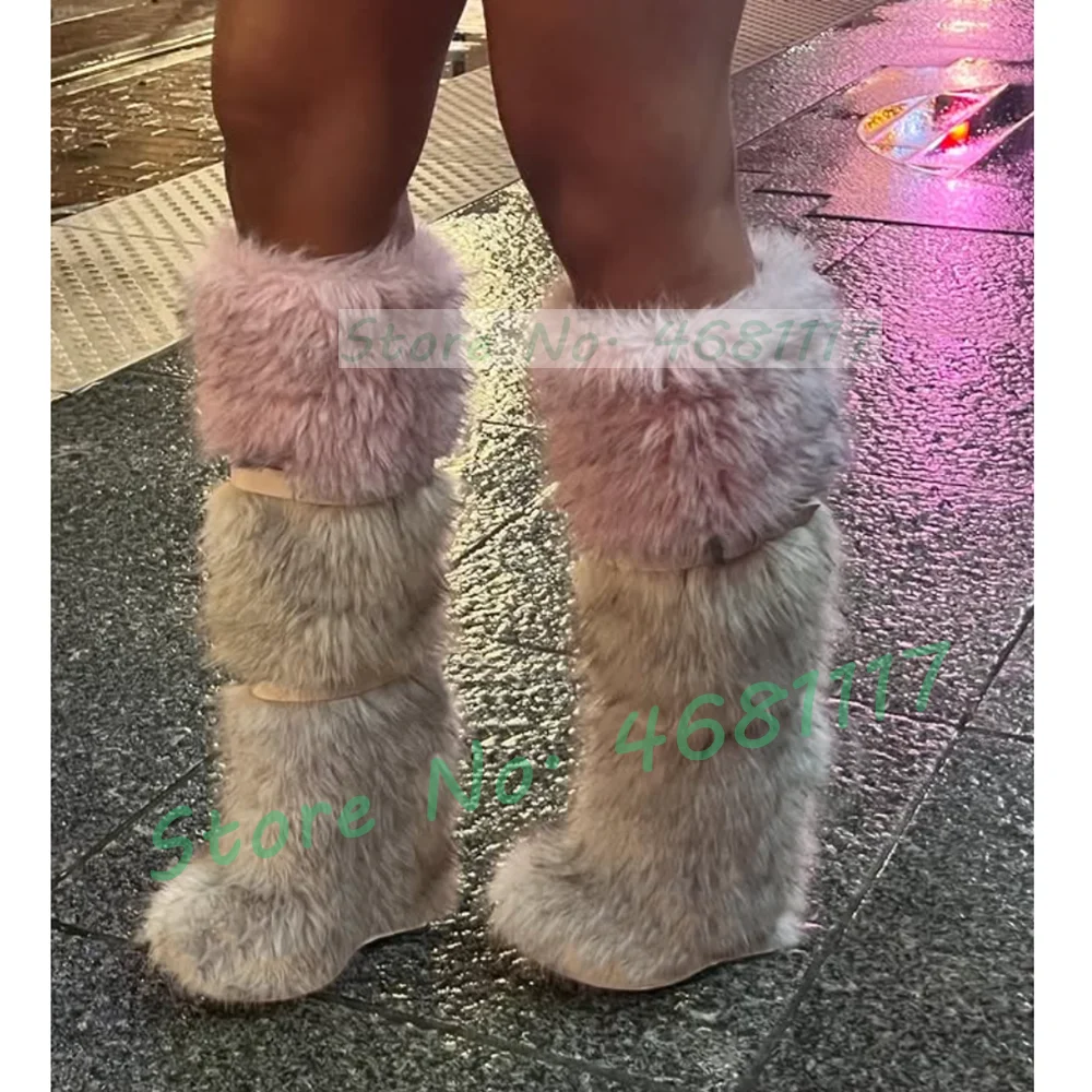 Colorblock Fur Platform Wedge Boots Women Sweet Belt Buckle Below The Knee Snow Boots Cool Girls Winter Punk Round Toe Shoes