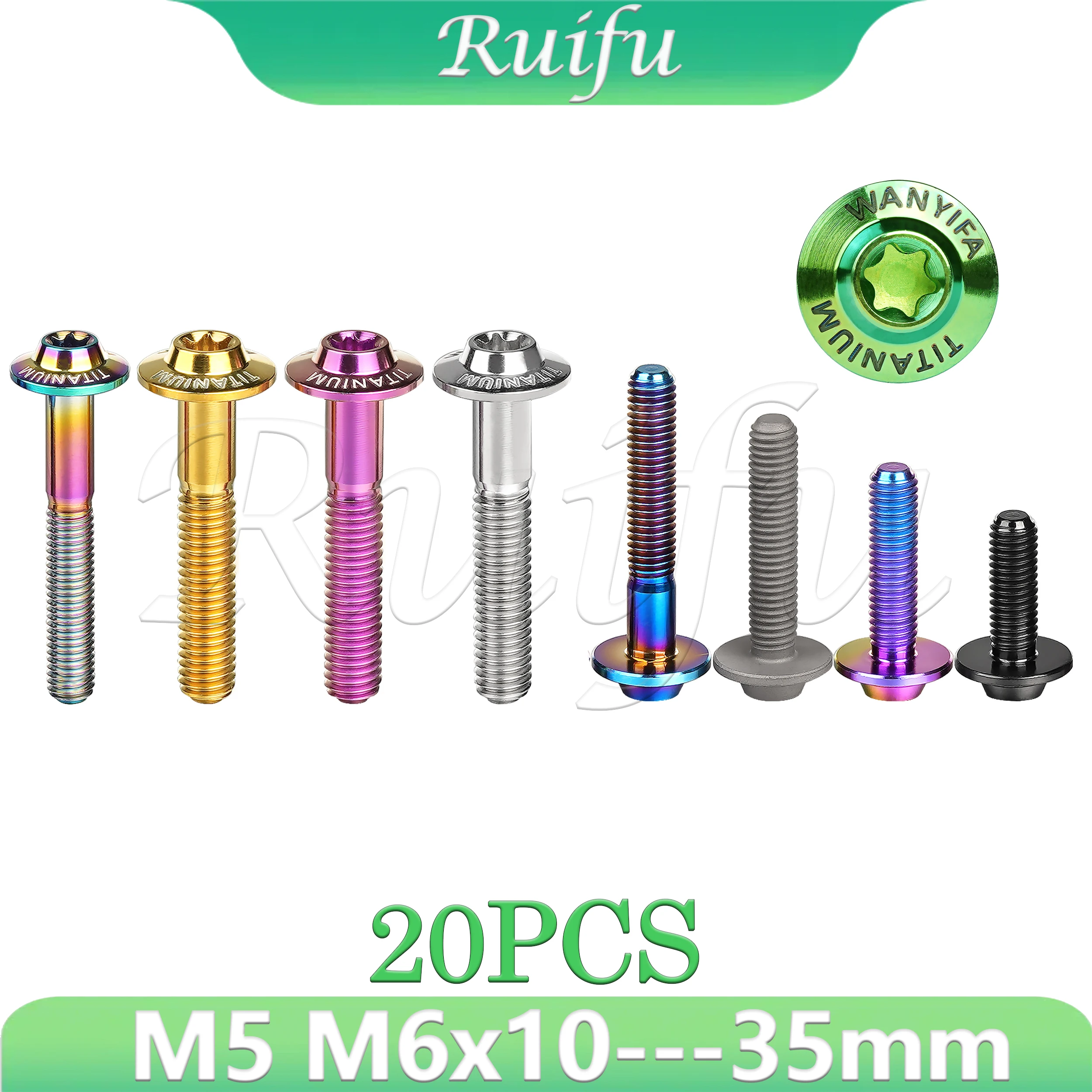 

Ruifu Titanium Bolt 20pcs M5/M6x10 12 15 20 25 30 35mm Butterfly Umbrella Torx Screws with Logo Screws for Motorcycle Disc