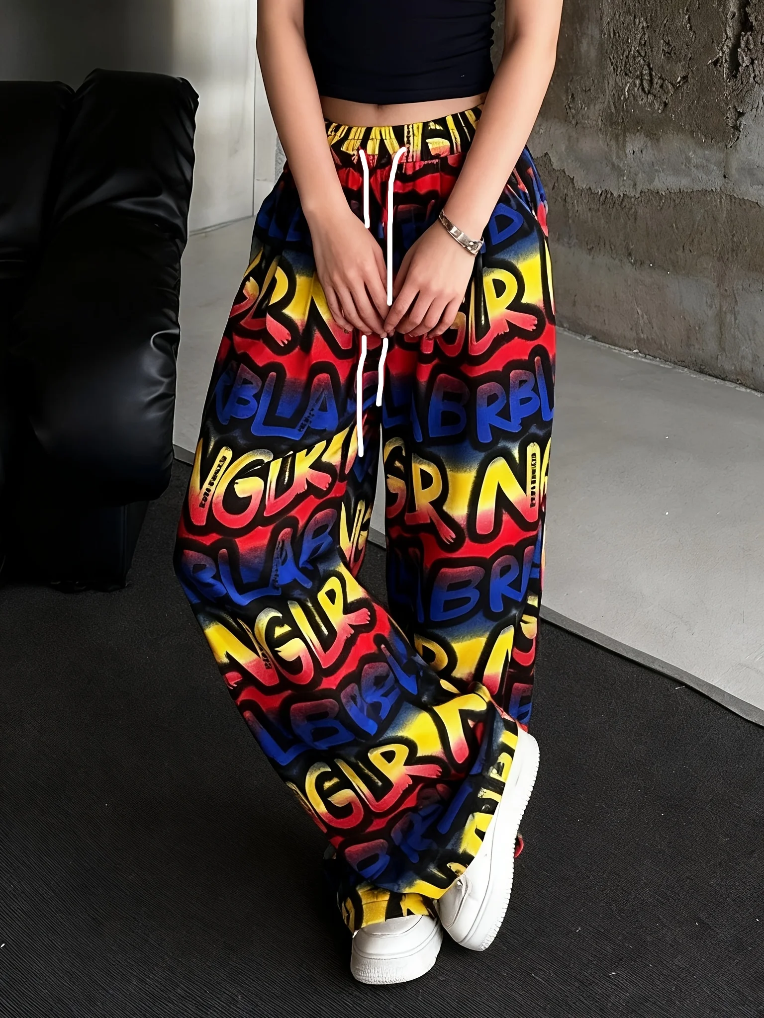 Unisex 3D Graffiti Letter Printed Quick Dry Straight Pants Men Women Elastic Drawstring Loose Hip Hop Streetwear Sports Trousers