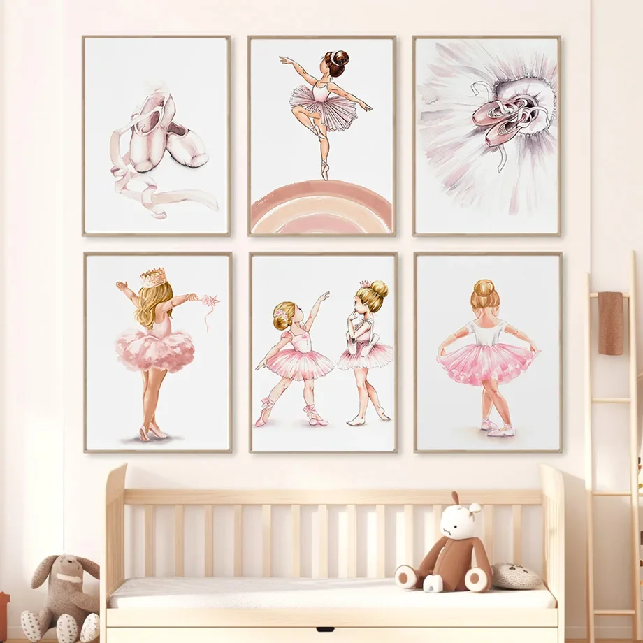 1PC Watercolor Ballet Girls Shoes Crown Rainbow Love Nursery Wall Art Poster And Prints Canvas Painting Picture Baby Kids Roo