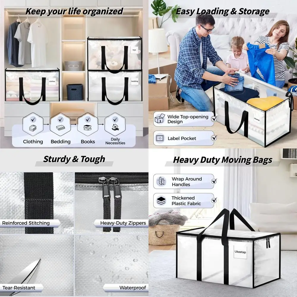 

Extra Large Heavy-Duty Clear Storage Bags with Reinforced Handles and Zippers for Moving, Packing Clothes, Dorms, and College Su