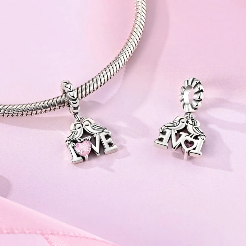 

925 Sterling Silver Charms Bead CZ Zircon Love Bird Dangle Fit Original Bracelet DIY Women Jewelry Gift